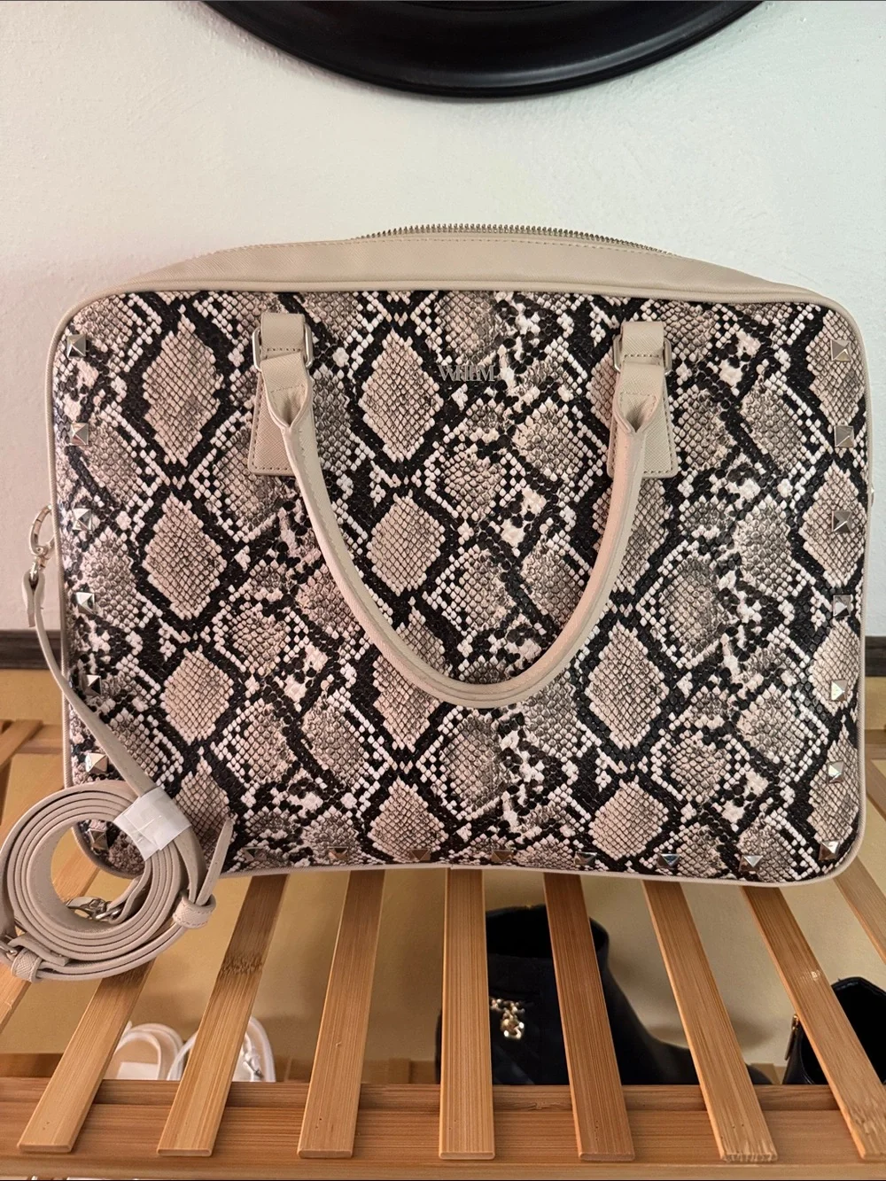 Whiting & Davis Beige and Black Snake-Print Laptop Bag
